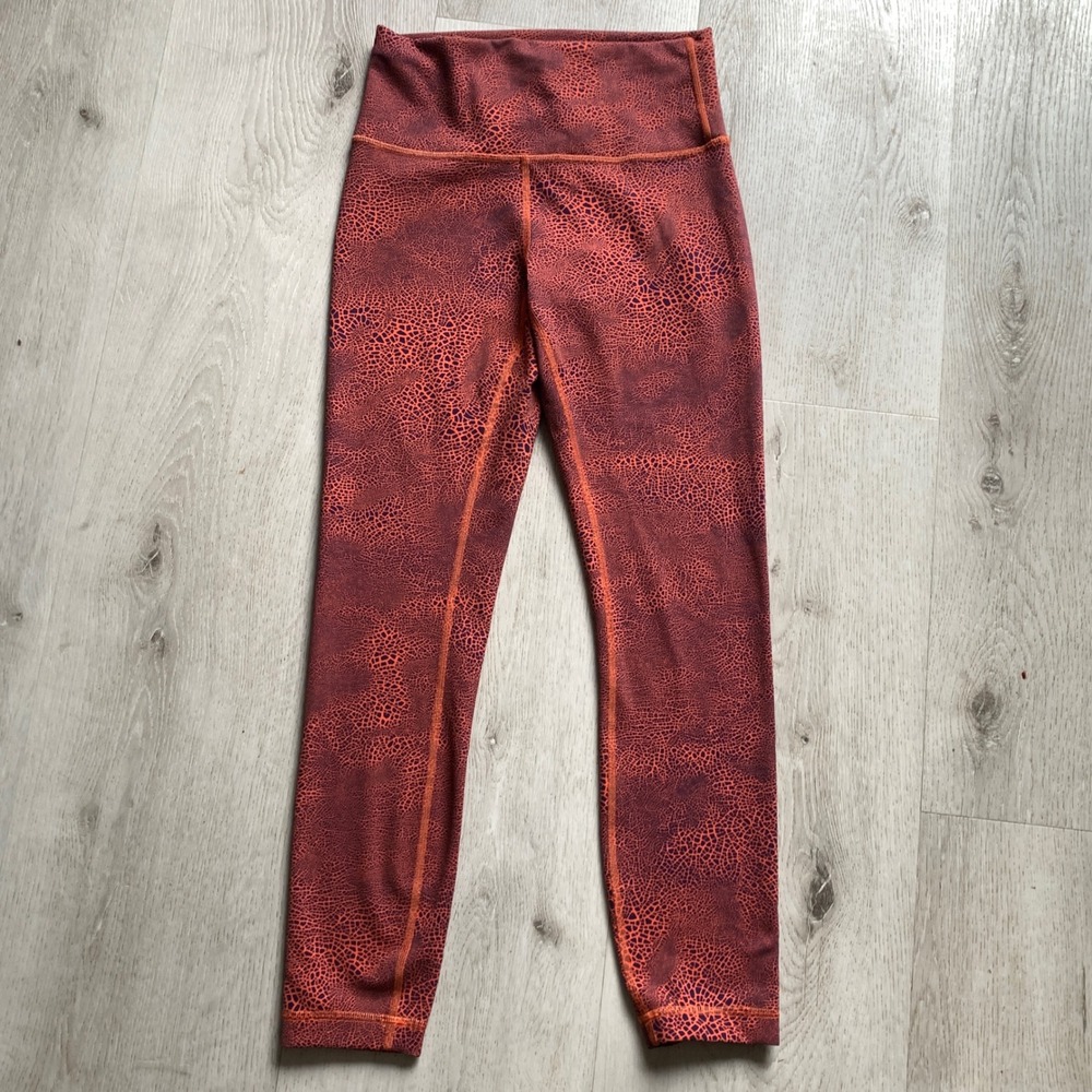 Lululemon Wunder Under High Rise Leggings Orange Purple Crackle Print Size 6